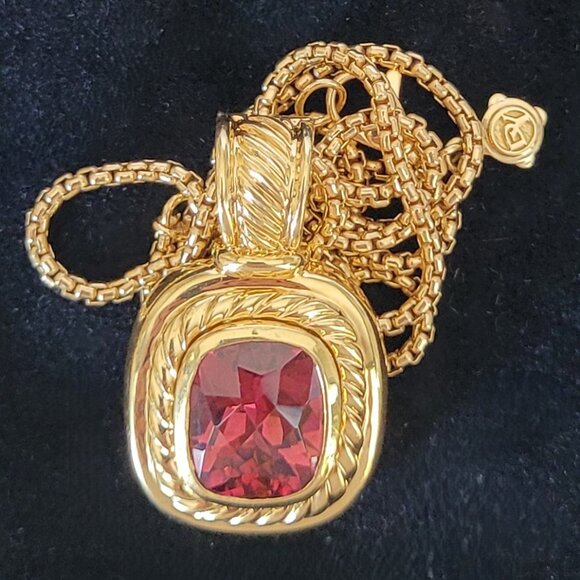 David Yurman Albion 18K Yellow Gold Pink Tourmaline Pendant & Box Chain Necklace - Picture 14 of 15